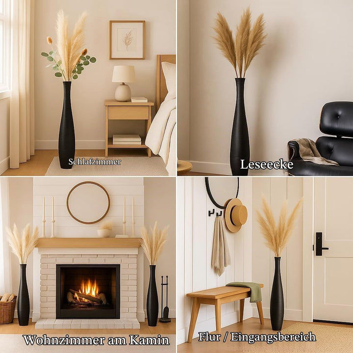 Leewadee Grosse Bodenvase für Dekozweige hohe Standvase Design Holzvase, Holz, 70 cm, Schwarz 70 cm