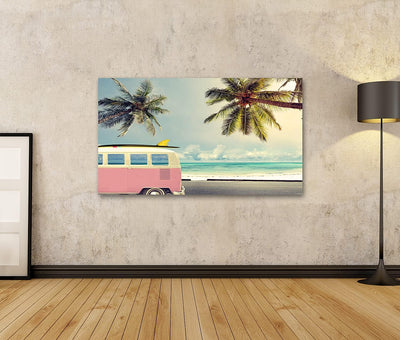 Bild auf Leinwand Oldtimer Strand Surfbrett Wandbild Poster Kunstdruck Bilder Format: 100x57cm, Form