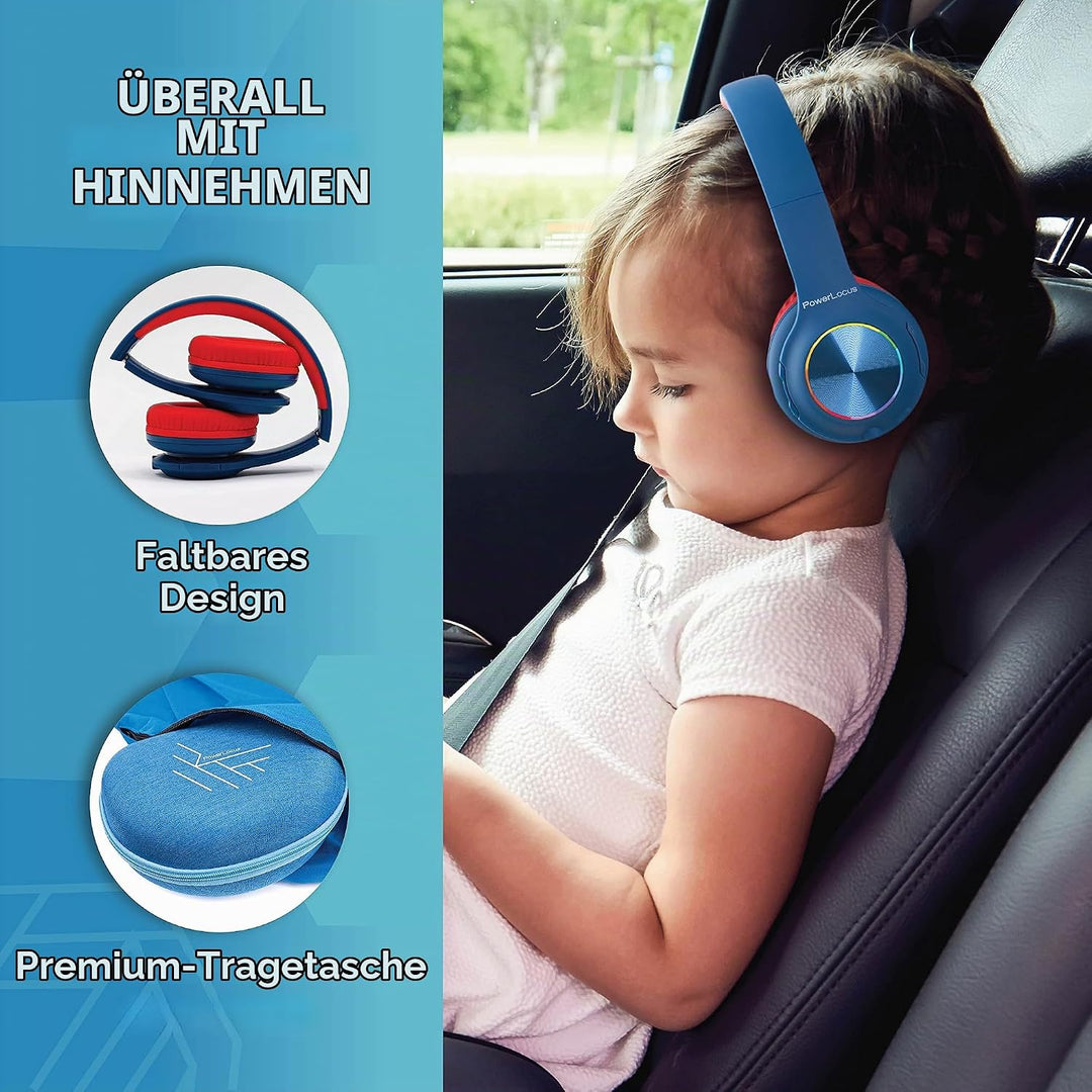 PowerLocus Kinderkopfhörer Bluetooth, Kinder Kopfhörer Kabellos mit LED-Leuchten und 94DB Lautstärke