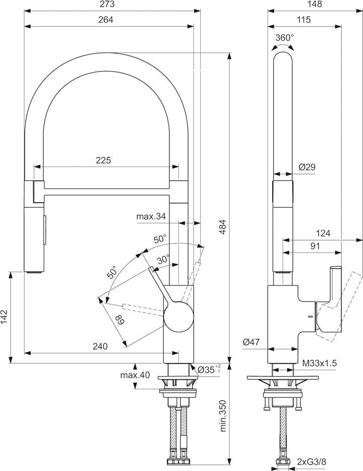 Ideal Standard – Gusto Küchenarmatur, Semi-Professional, mit 2-Funktionshandbrause an Silikonschlauc