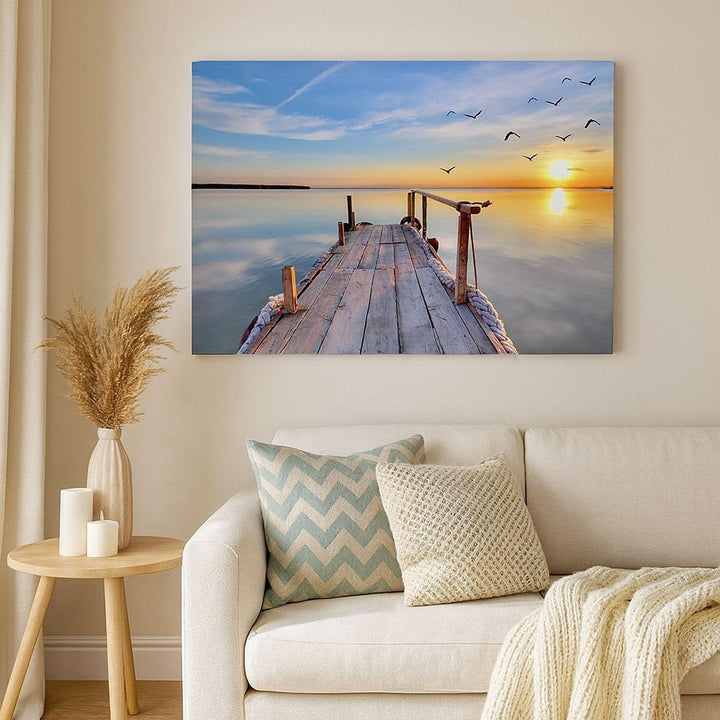 ARTTOR Bilder auf Leinwand 100x70cm Leinwandbild See Natur Brücke Vögel Gross Wanddeko Bild Schlafzi