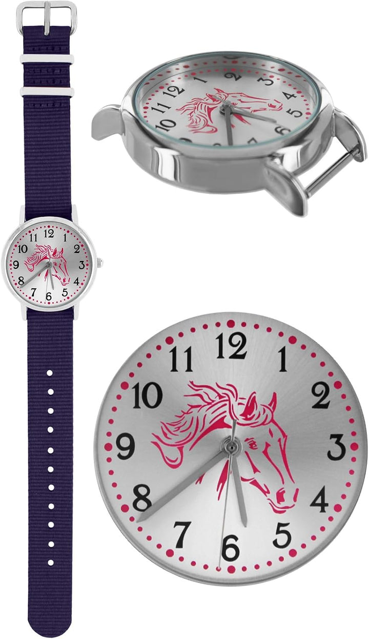 Pacific Time Mädchen Armbanduhr Uhr Pferd Pferdemotiv analog Quarz 2 Textilarmband Violett Blau 1002