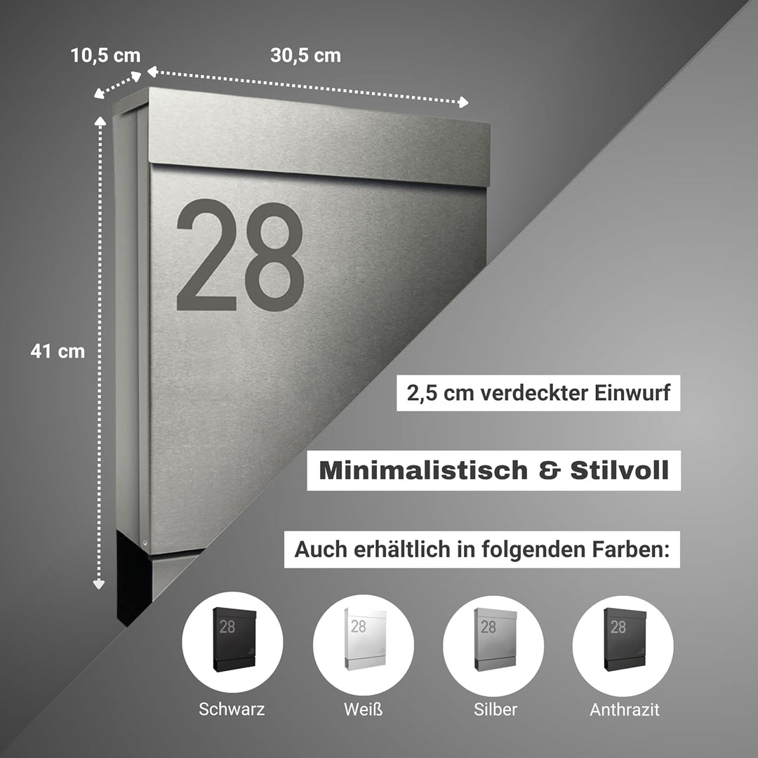 Radius® Designer Briefkasten Edelstahl - Briefkasten mit Zeitungsfach für Zeitungsrolle - Postkasten