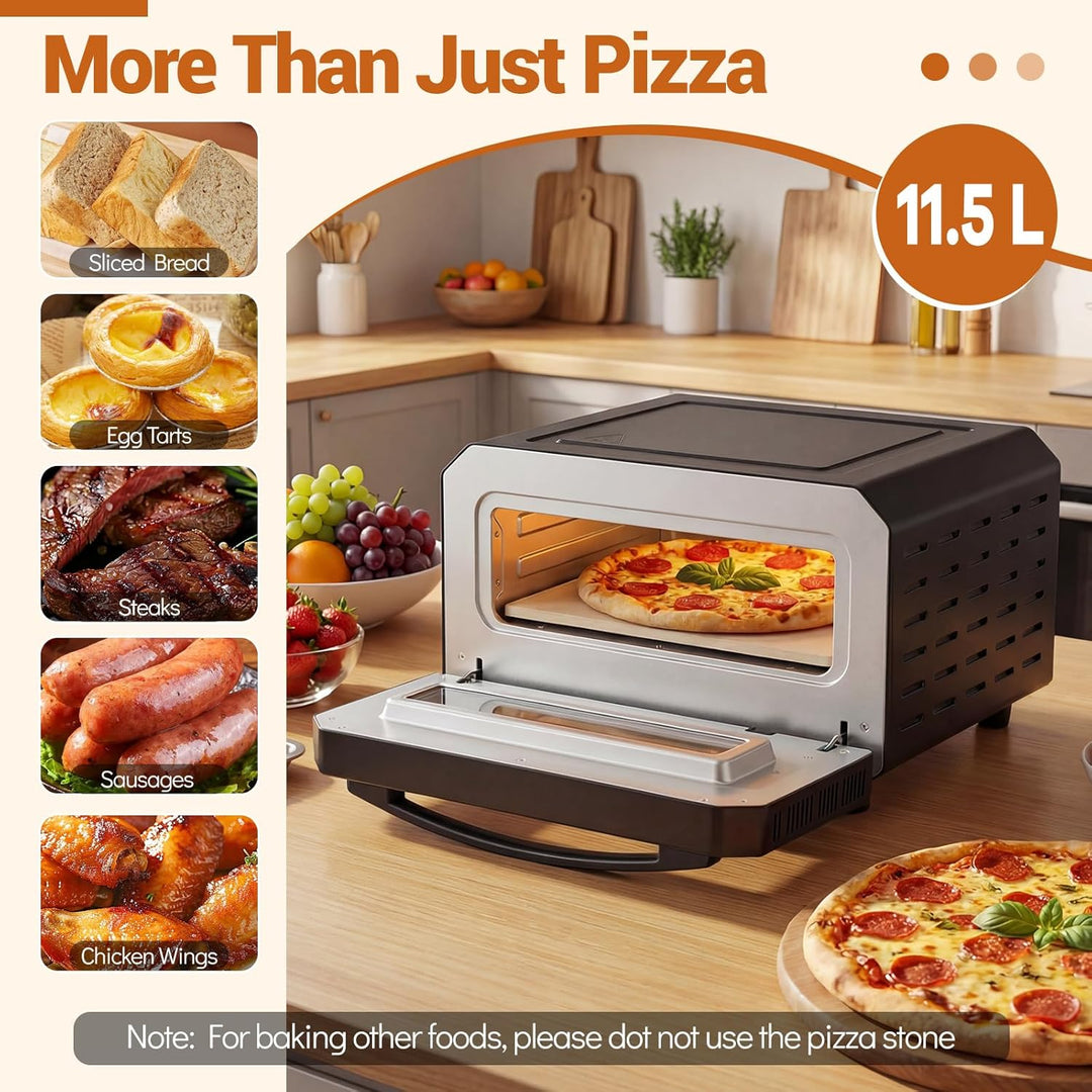 FANTASK Elektrischer Pizzaofen bis 400℃, 6 Programme, 2-Minuten Backfunktion, Pizzastein &amp; Schneider
