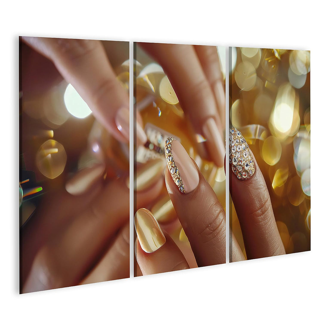 islandburner Prime Bild auf Leinwand Goldene Nagelkunst im Urlaubsstil mit Heller Maniküre, funkelnd