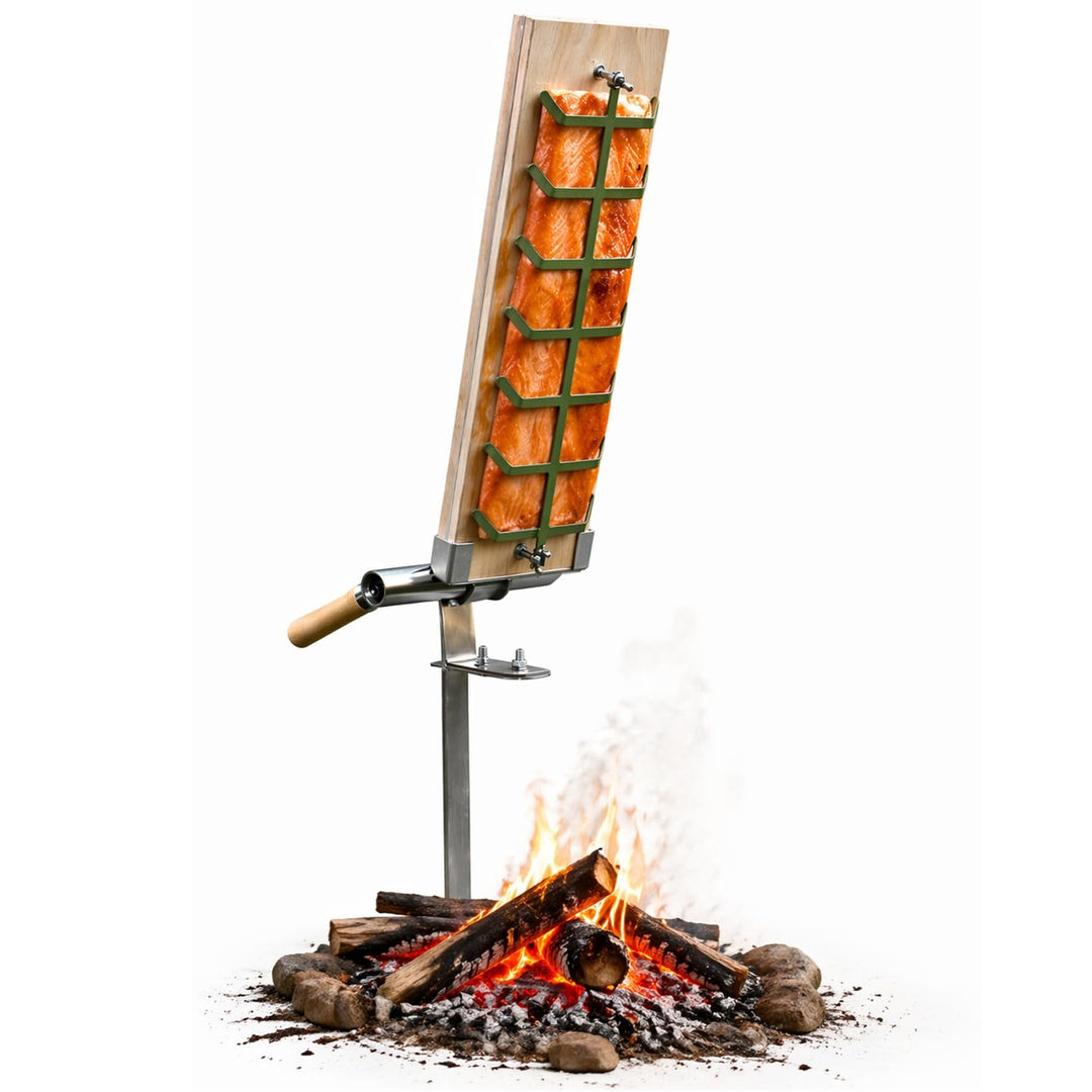 Premium Flammlachsbrett für Lagerfeuer mit Erdspiess, Flameboard & Erdspiess halten fest an jeder Fe