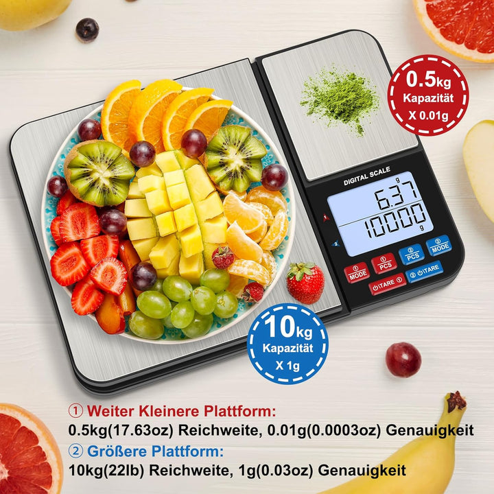 Diyife Küchenwaage mit 2 Plattformen 10kg/1g & 500g/0.01g, Doppelfunktion Digitale Küchen Feinwaage