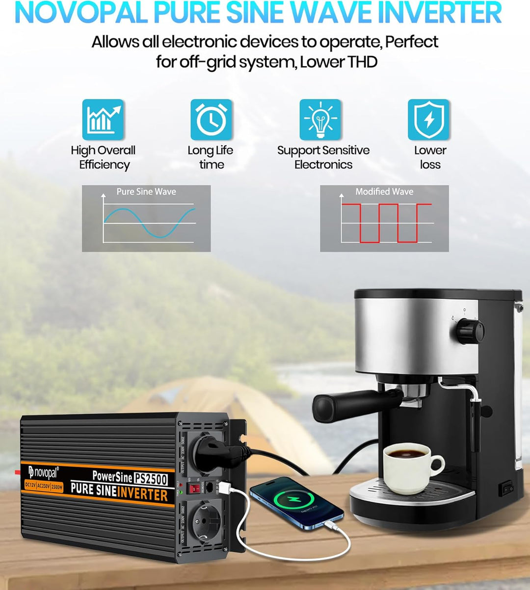 NOVOPAL 2500W Wechselrichter 12v Auf 230v Reiner Sinus Spannungswandler mit 2 EU-Steckdose und Einer