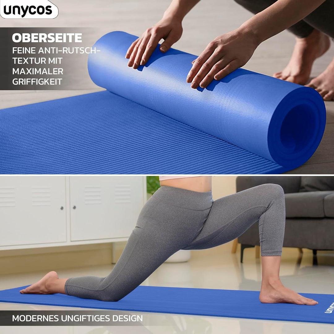 unycos - Yogamatte Rutschfeste | Hohe Dichte 6/10/15 mm, Gymnastikmatte mit Tragegurt und Schultergu