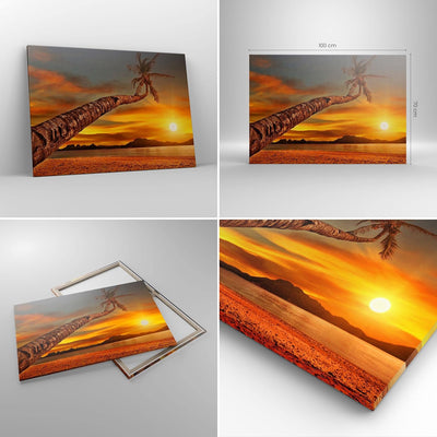 ARTTOR Bilder auf Leinwand 100x70cm Leinwandbild Palme Landschaft Sonne Gross Wanddeko Bild Schlafzi