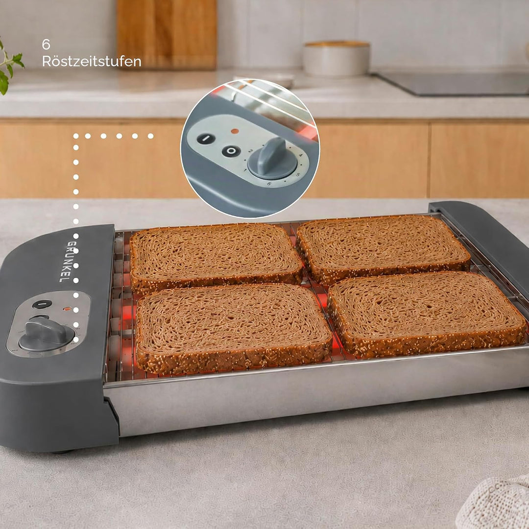 Grunkel - Flat toaster for all types of bread and baked goods with 600 W power, toast timer with 6 l