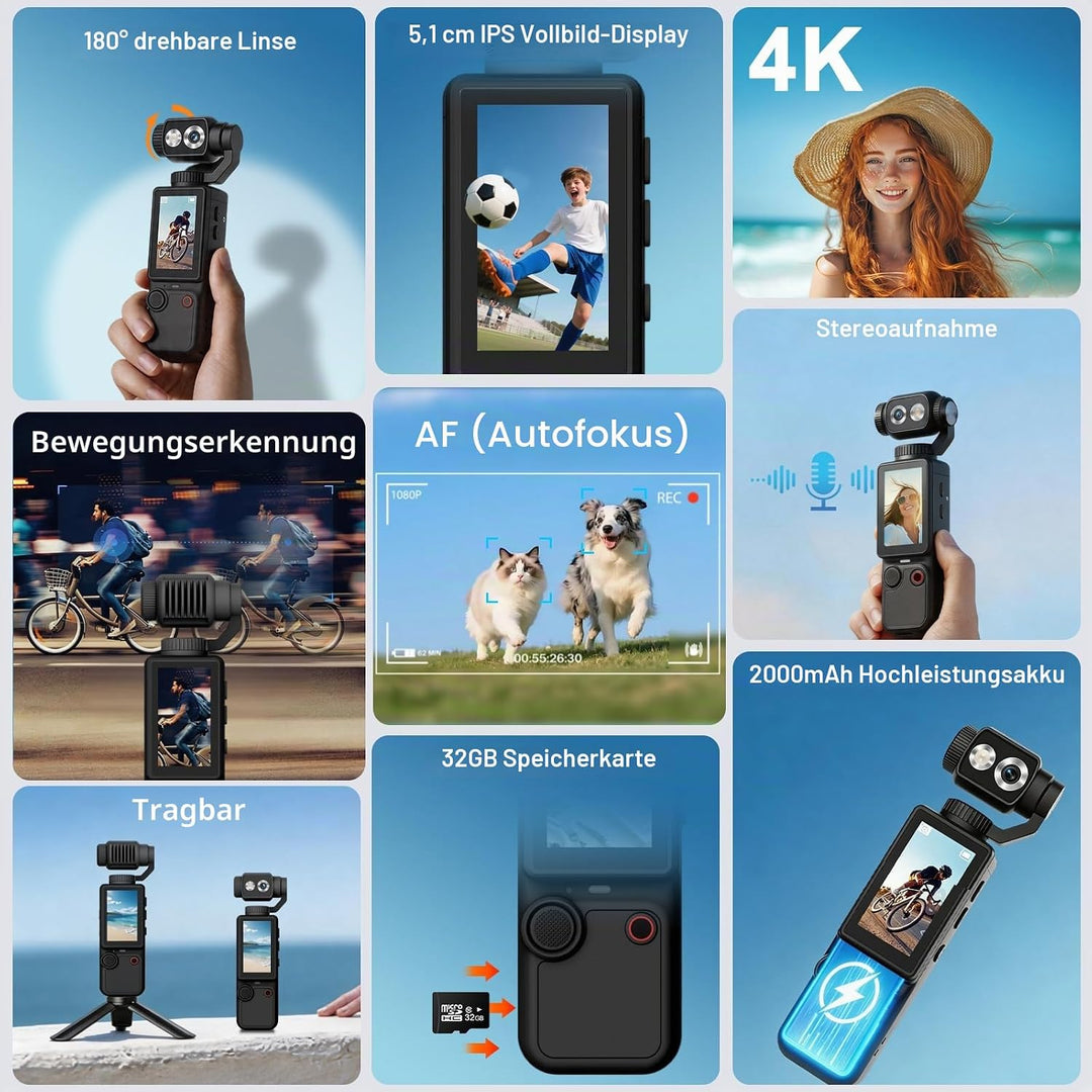 FIREBULL 4K Action Cam, Actionkamera Vlog Kamera, Kompakte Handkamera mit 180° Flip Objektiv, AF Aut