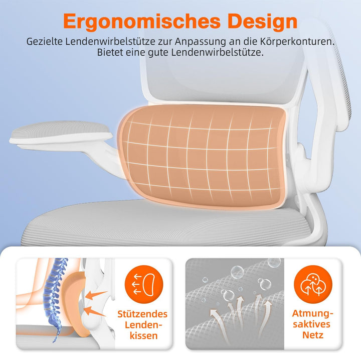 Bürostuhl, Bürostuhl Ergonomisch mit Klappbaren Armlehnen und Lendenwirbelstütze, Verstellbarer Kopf