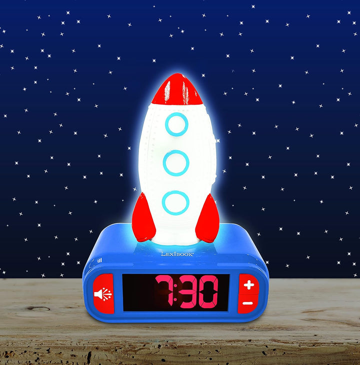 Lexibook - Wecker Nachtlicht Rakete für Kinder, Leuchtende Rakete, Uhr, Wecker für Jungen, Snooze, F