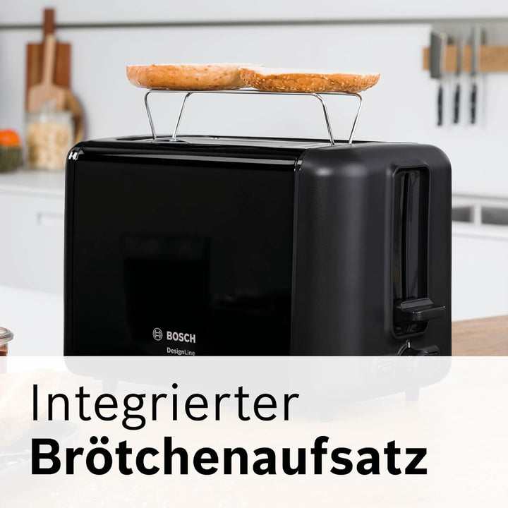 Bosch Kompakt Toaster DesignLine TAT3P423DE, integrierter Edelstahl-Brötchenaufsatz, mit Abschaltaut