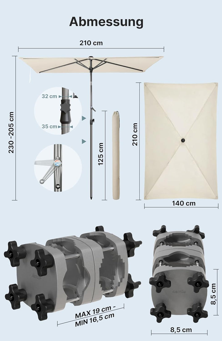 4smile SunnyShade Sonnenschirm Balkon mit Halterung im 3-er-Set, UV 50+, 210x140 cm, Beige, Sonnensc