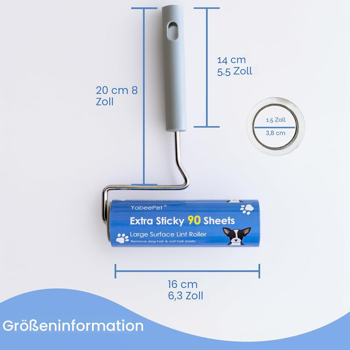 Extrem klebriger Fusselroller zur Entfernung von Tierhaaren - Grosse Fläche, 90 Blatt pro Rolle, 16