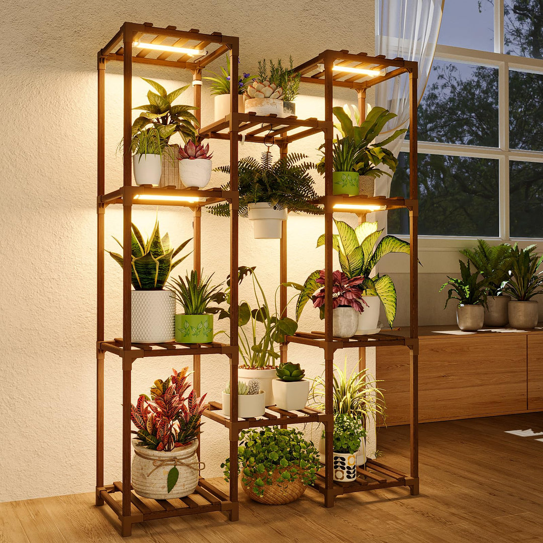 Bamworld Blumenständer mit Pflanzenlampe Pflanzenregal aus Holz mit LED Grow Light, Pflanzenständer