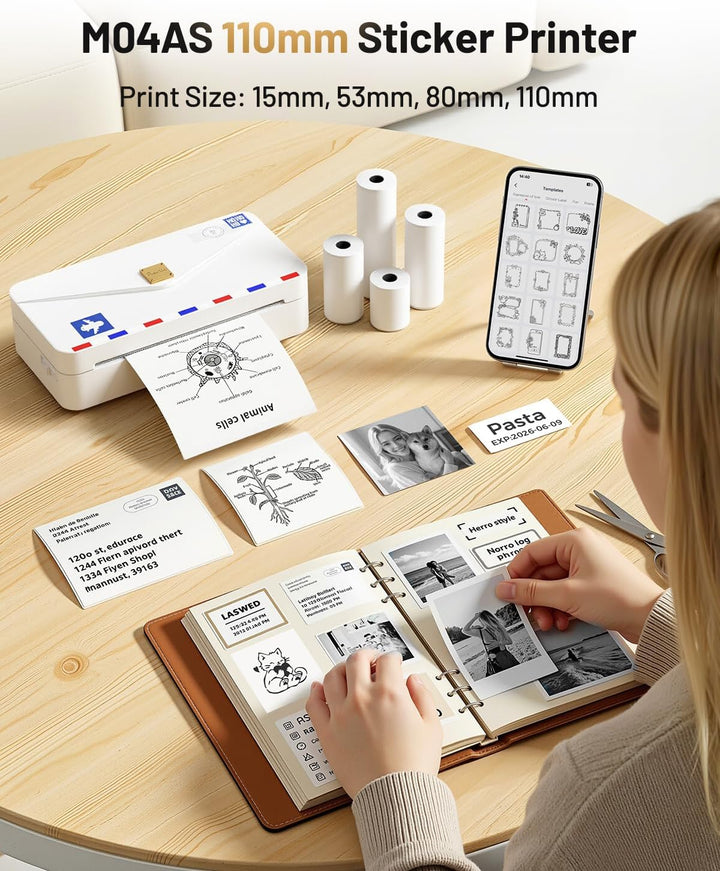 Phomemo M04AS 110mm Mini Drucker - Taschendrucker 300DPI Tragbarer Thermodrucker für Handy Bluetooth
