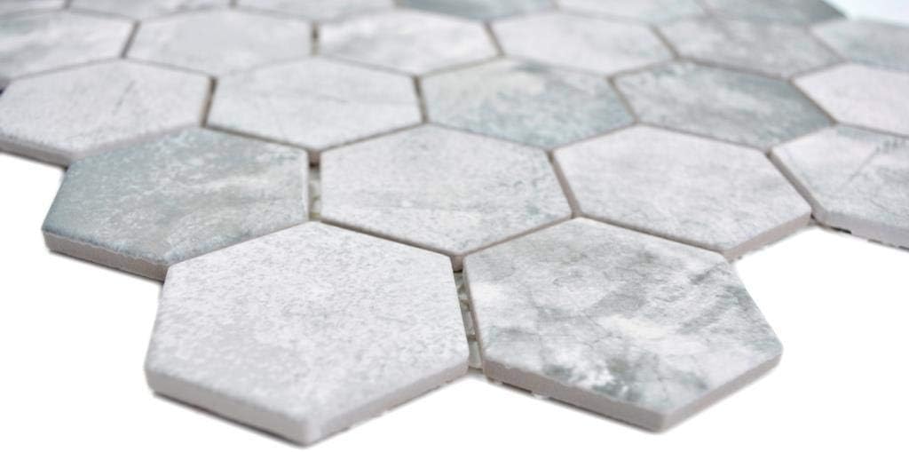 Mosaikfliese Keramik Hexagon Sechseck Zement hellgrau Mosaikwand Küchenfliese Duschwand Duschtasse F