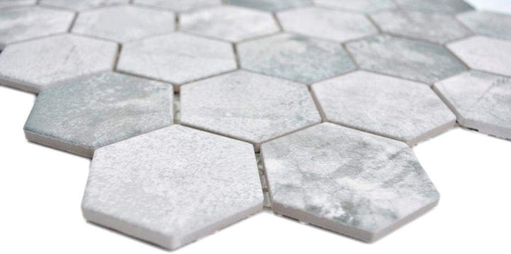 Mosaikfliese Keramik Hexagon Sechseck Zement hellgrau Mosaikwand Küchenfliese Duschwand Duschtasse F