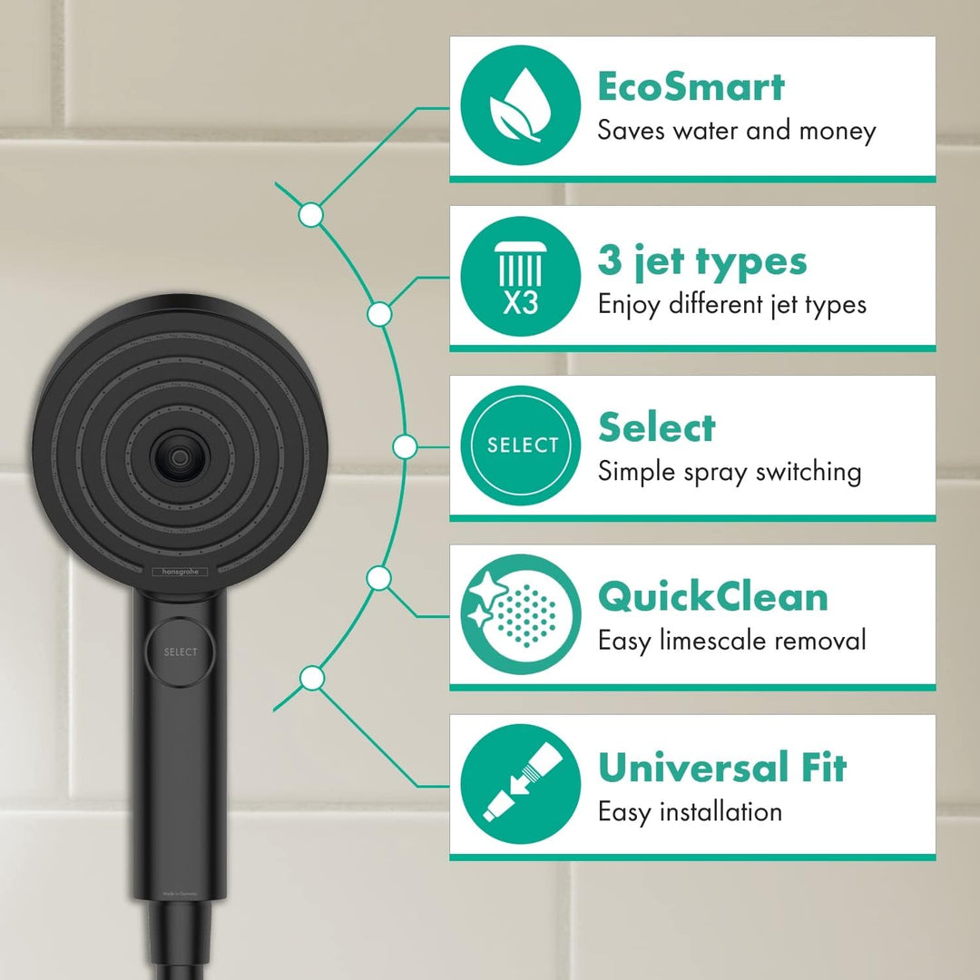 hansgrohe Duschkopf Pulsify Select S, Duschbrause wassersparend, 3 Strahlarten Activation, Antikalk-