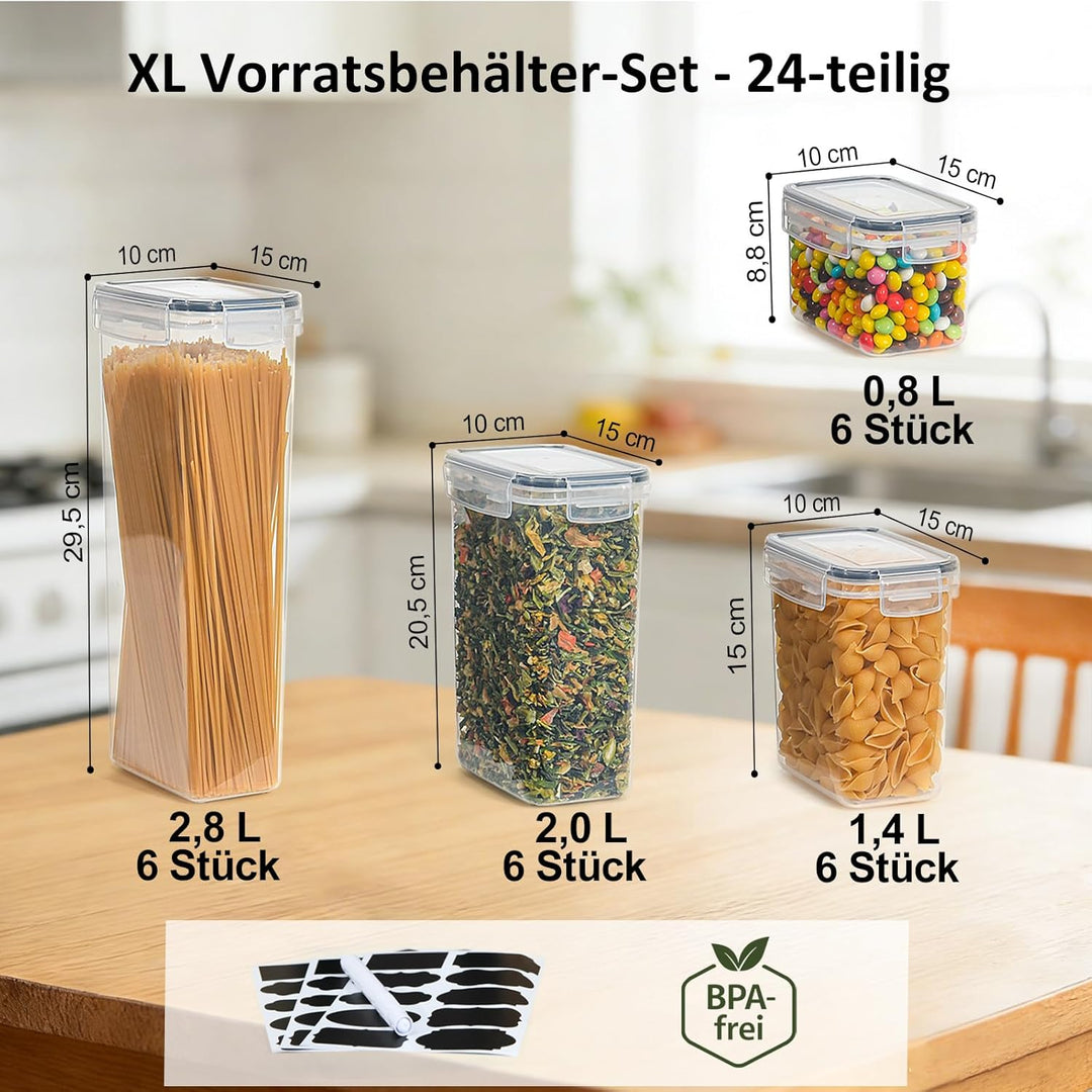 Haushaltszauber® Vorratsdosen Set XL – 24-teilig (0,8/1,4/2,0/2,8 L) | Luftdichte Vorratsdosen, Vorr