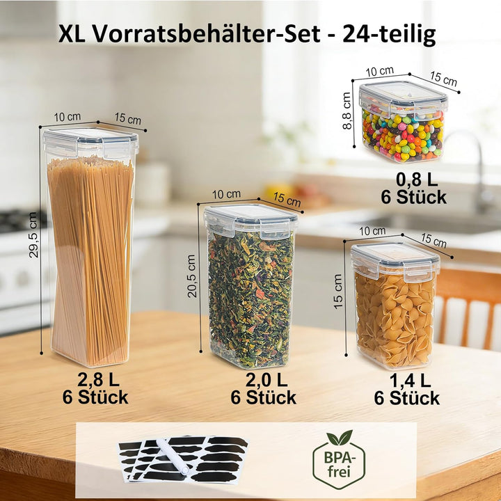 Haushaltszauber® Vorratsdosen Set XL – 24-teilig (0,8/1,4/2,0/2,8 L) | Luftdichte Vorratsdosen, Vorr