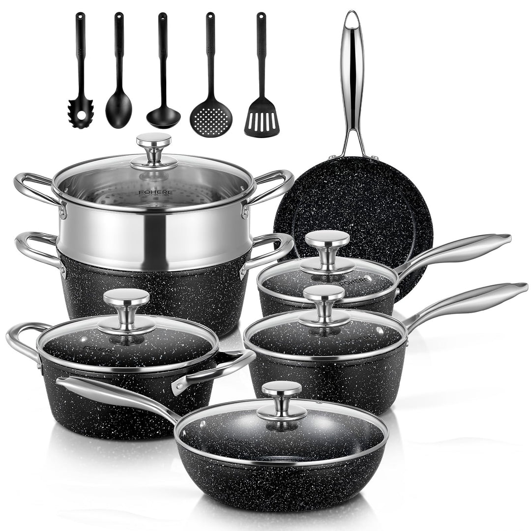 FOHERE Topfset Pfannenset 17-Teilig, Induktions Kochtopf Set mit Glasdeckeln, Töpfe und Pfannen Set,
