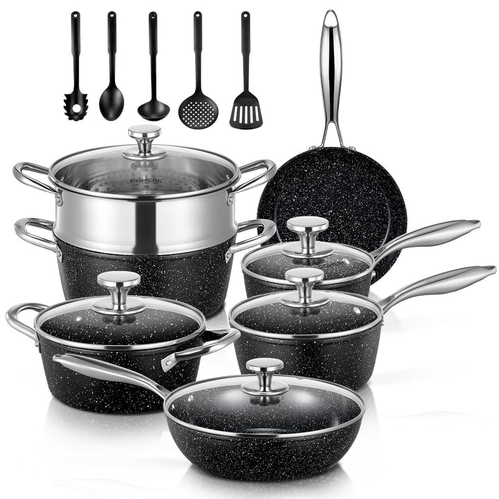FOHERE Topfset Pfannenset 17-Teilig, Induktions Kochtopf Set mit Glasdeckeln, Töpfe und Pfannen Set,