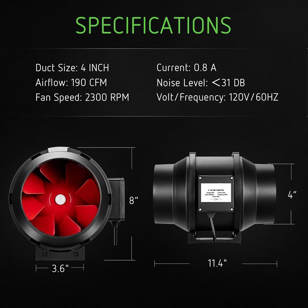 Rohrventilator 100 mm Anschluss 55 W Grow Fan Lüfter Abluft Gebläse für Growzelte Bad Lüftung dimmba
