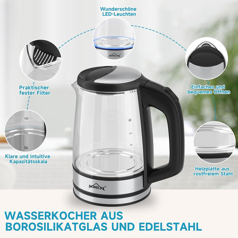 HOMELUX Wasserkocher Glas 1500 Watt 1,8 Liter, Electric Kettle Mit Led-Beleuchtung, Glas wasserkoche