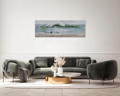 KunstLoft Leinwandbild | 100% HANDGEMALT | 150x50cm | Gemälde 'Vamos a la Playa' | Meer | Blau Weiss