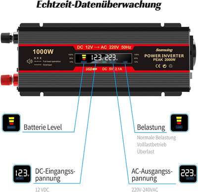 Seamuing 2000W Wechselrichter DC 12V auf AC 240V Spannungswandler 1 AC Steckdose & 2 USB Port Stromw