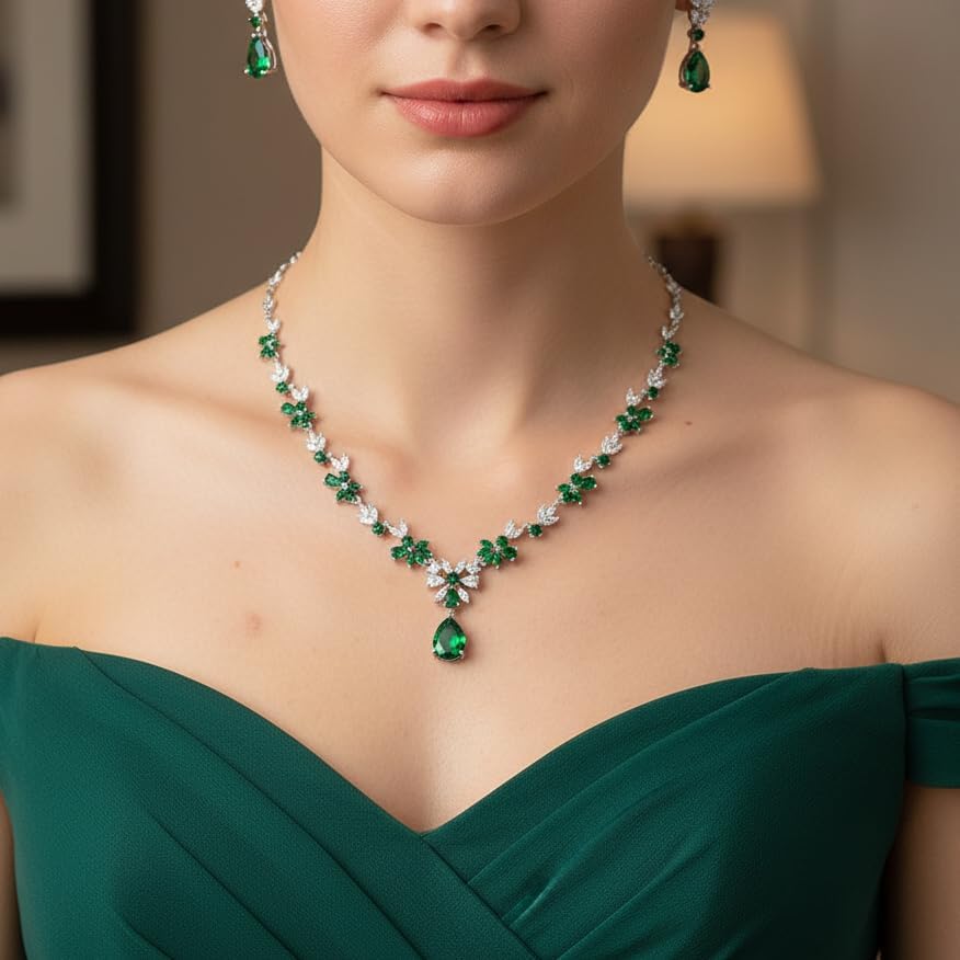 EVER FAITH Hochzeit Schmuck-Set für Damen, Cubic Zirkonia Mode floralen Blatt Rebe Halskette und bau