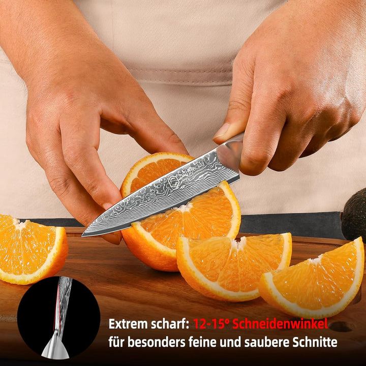 Sunnecko Damast Allzweckmesser Kochmesser 13cm Profi Damast Küchenmesser, 67 Schichten Damastmesser