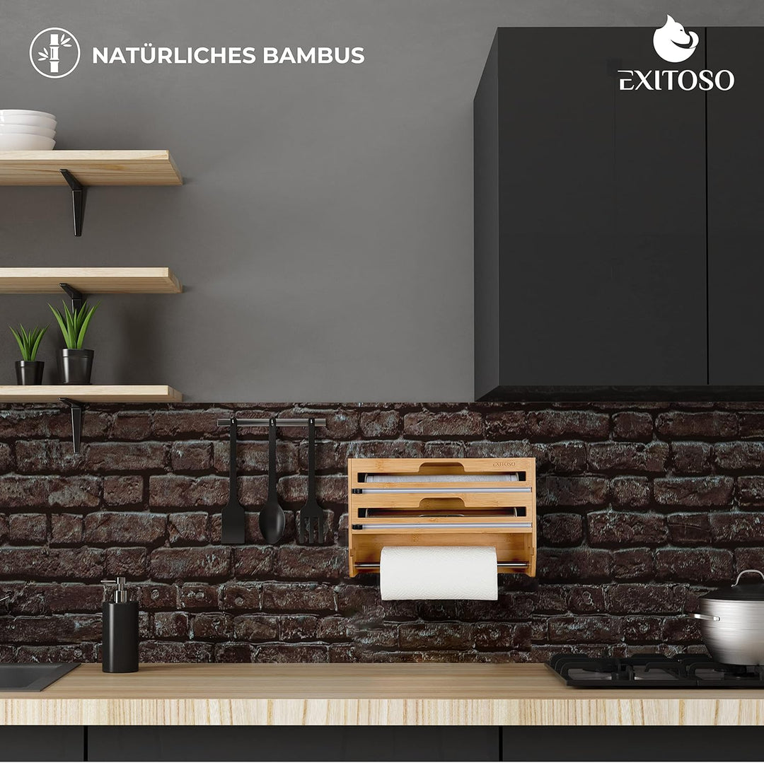 Exitoso 3-in-1 Folienschneider aus Bambus | Küchenrollenhalter Frischhaltefolienspender & Alufoliens
