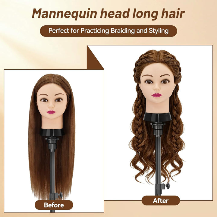 Trainingskopf 24 Zoll – 80% Echthaar Übungskopf für Friseur, Frisierkopf Echthaar,Styling Mannequin