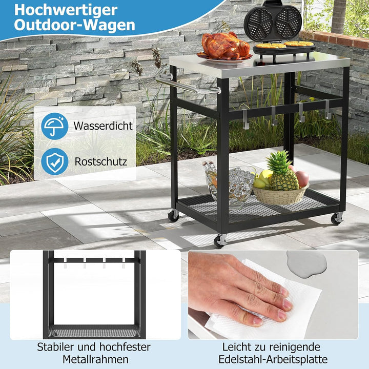 COSTWAY Grillwagen Outdoor, Grilltisch mit 2 Ablagen & 4 Rädern & Griff & 4 Haken, Pizzatisch Beiste