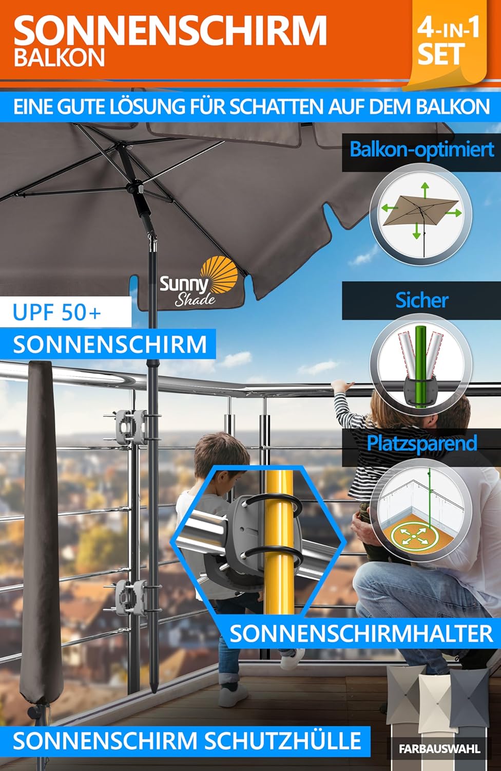 4smile Sonnenschirm Balkon SunnyShade, 200 x 125 cm, UPF 50+ Sonnenschirm rechteckig als Sonnenschut