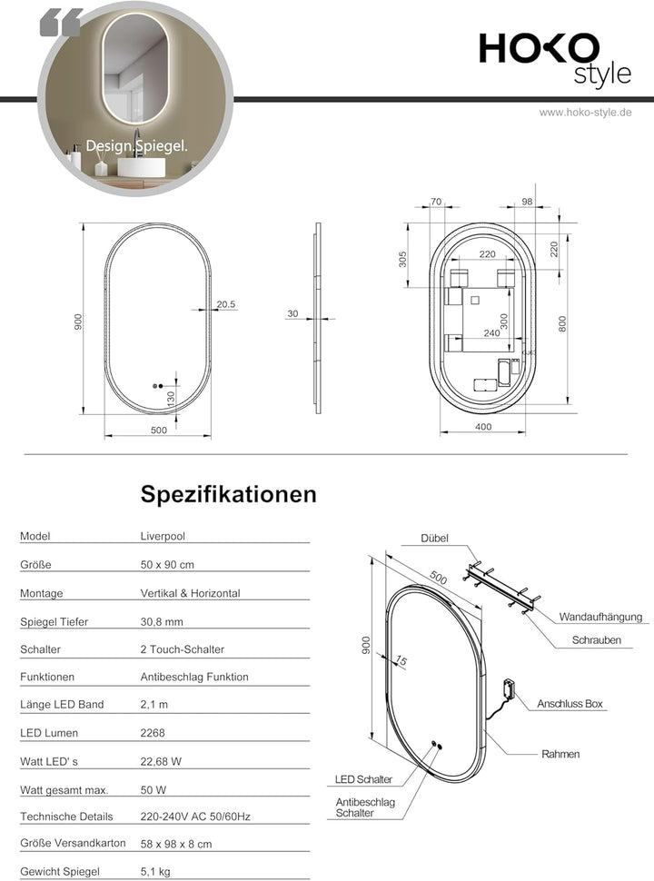 HOKO Badezimmerspiegel LED Oval 50x90 cm / 90x50 cm London mit Rahmen Gold, Anti-Beschlag, energiesp