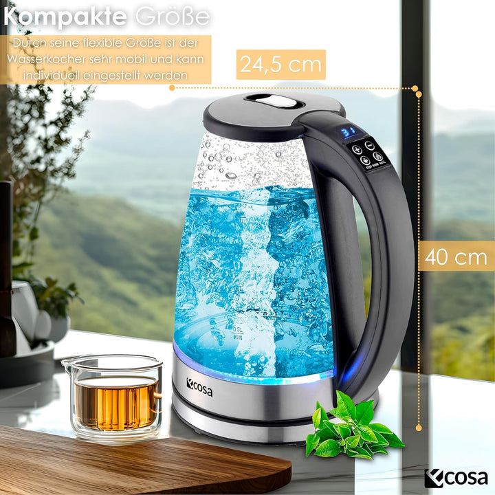 Ecosa® Wasserkocher mit temperatureinstellung Glas Edelstahl - 1,8 Liter 2.200 Watt - BPA Frei mit T