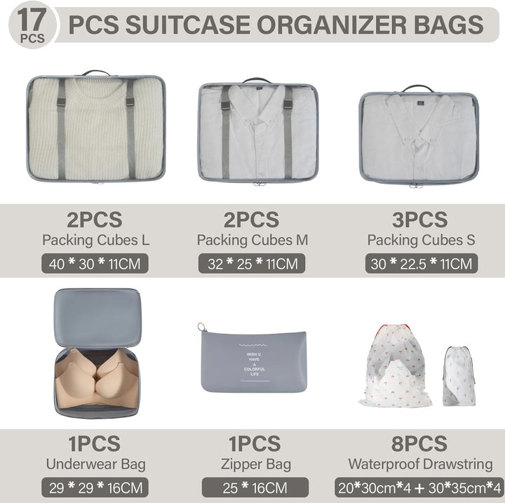 Koffer Organizer Set 17-teilig, Wasserdicht Packing Cubes, Travel Organizer zum Gepäckpacken, mit Pa