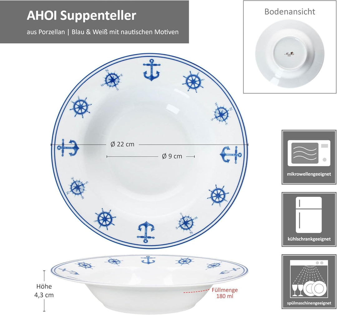 MamboCat 6er Set AHOI Suppenteller I 180ml I blau-weisse Porzellan-Teller mit nautischen Motiven für