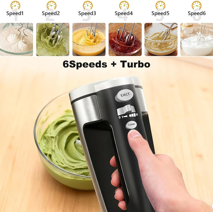 VINATO Elektrischer Handmixer, 300W mit 6 Stufen, 2 Edelstahl-Rührbesen & Knethaken | Für Teig, Eier