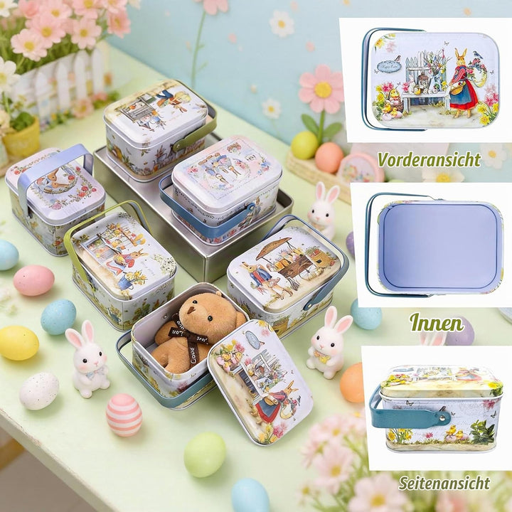 Ostern Keksdose Gebäckdose mit Deckel, 6pcs Ostereier Metalldosen Set, Osterhasen-Keksdose mit Henke