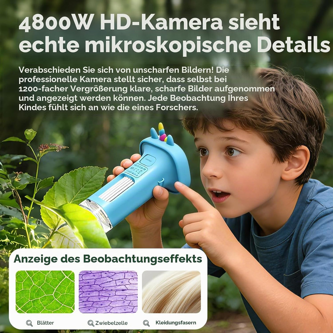 1200X Mikroskop für Kinder: Kinder Mikroskop mit 2,4-Zoll-HD-IPS-Display und 9 LED-Leuchten, Geschen
