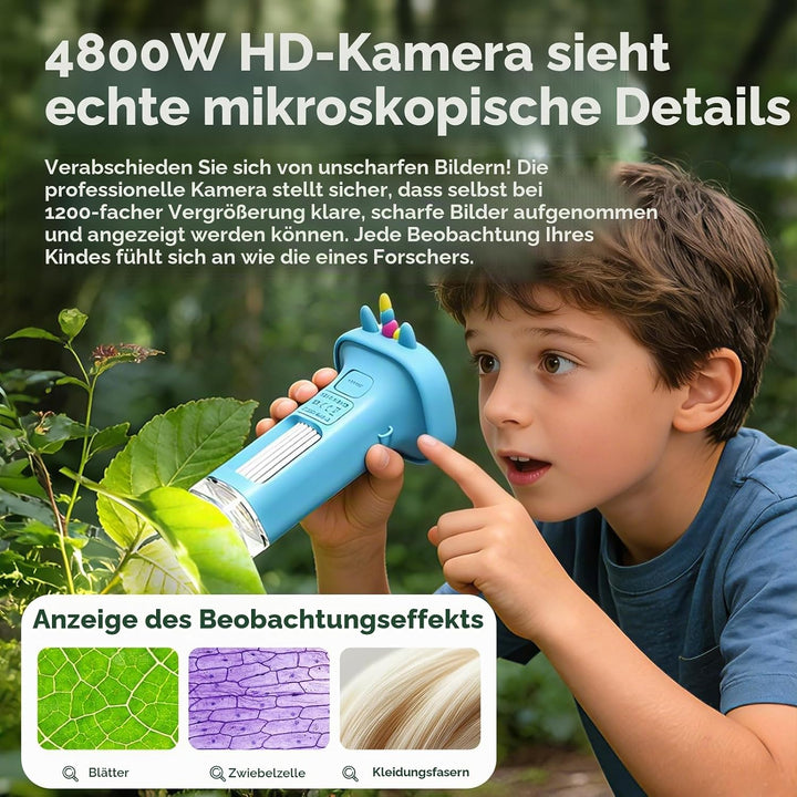 1200X Mikroskop für Kinder: Kinder Mikroskop mit 2,4-Zoll-HD-IPS-Display und 9 LED-Leuchten, Geschen