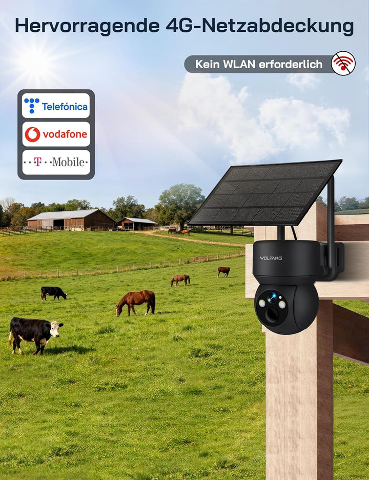WOLFANG Wildkamera 4G LTE Mobilfunkkamera Solarbetrieben mit 2,5K View Live Video, Pan 355° Neigung
