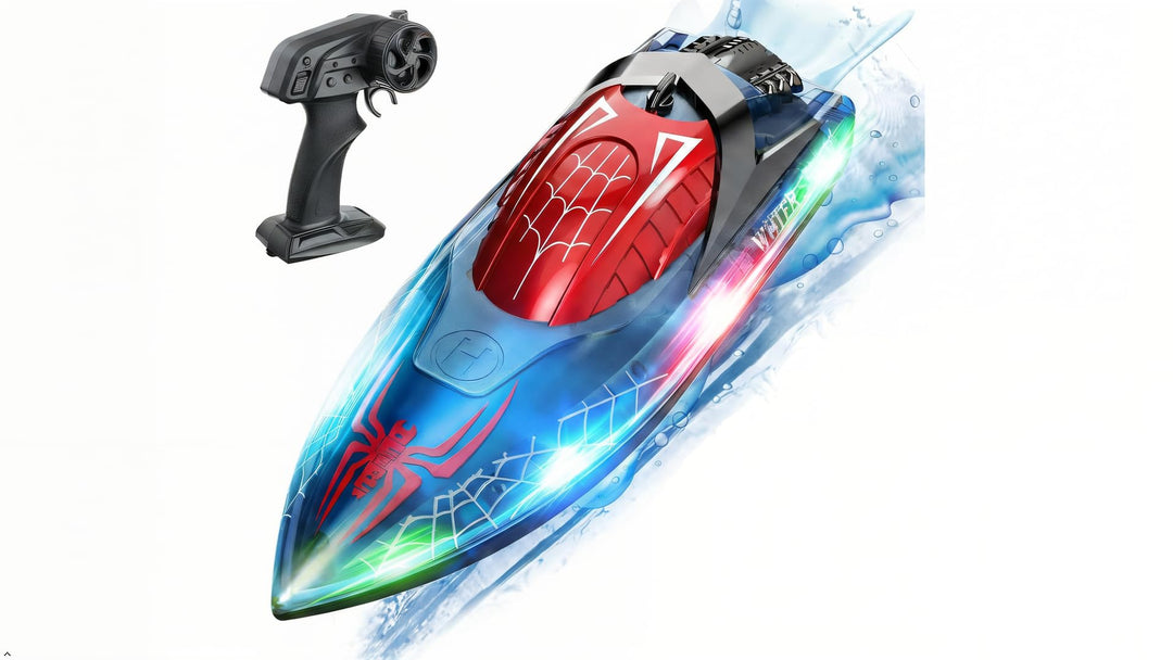 DEERC Ferngesteuertes Boot mit LED-Licht, RC Boot 15 KM/H, 2,4-GHz Rennboote, 2 Batterien für 80 Min